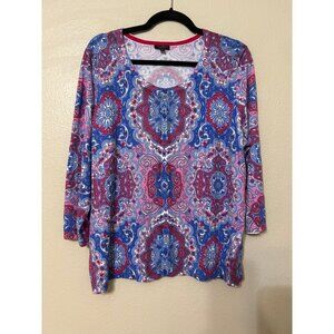Talbots Women's Petite 3/4 Sleeve Top 2XP Blue & Pink Paisley Print Cotton & Ray